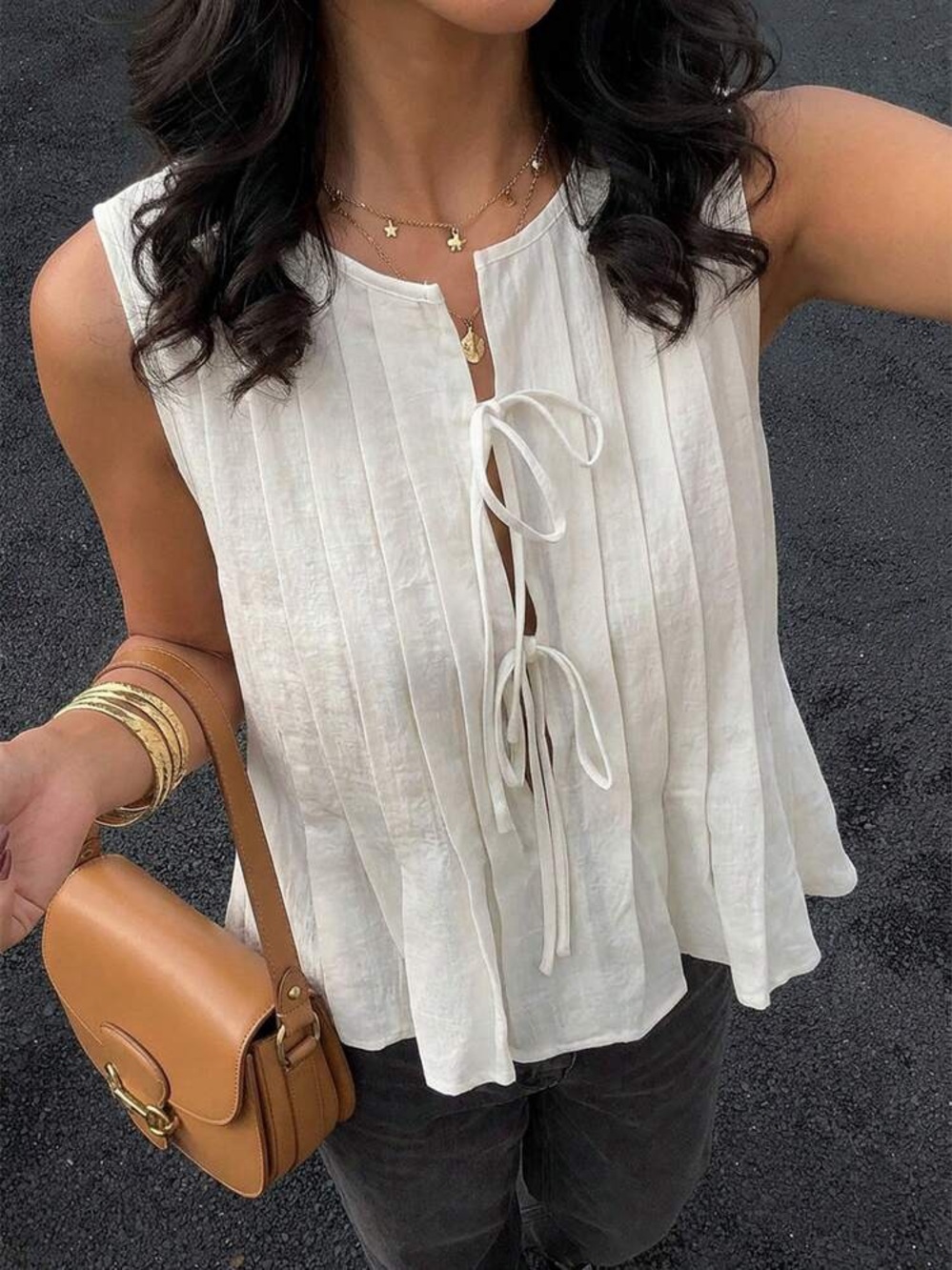 VRG GRL Cream Sleeveless Pleated Tie-Front Top
